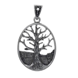 Sterling Silver Oxidized Tree of Life Oval Pendant